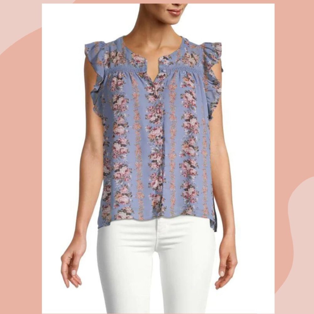 Emmie Rose NWT Women's Lavender/Pink/Green Floral Ruffled Sleeves Top, Medium